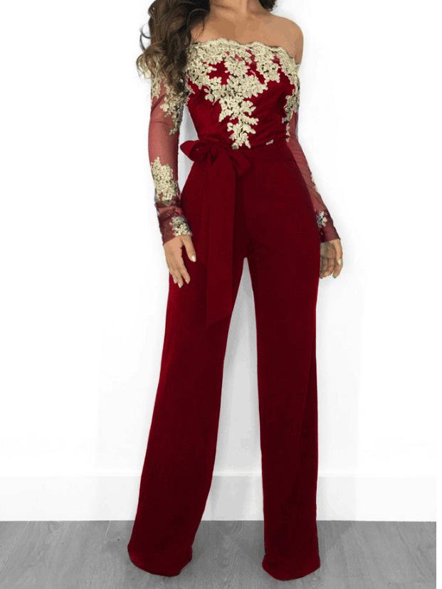 Lace Boat Neck Long Sleeve Wide Leg Jumpsuit