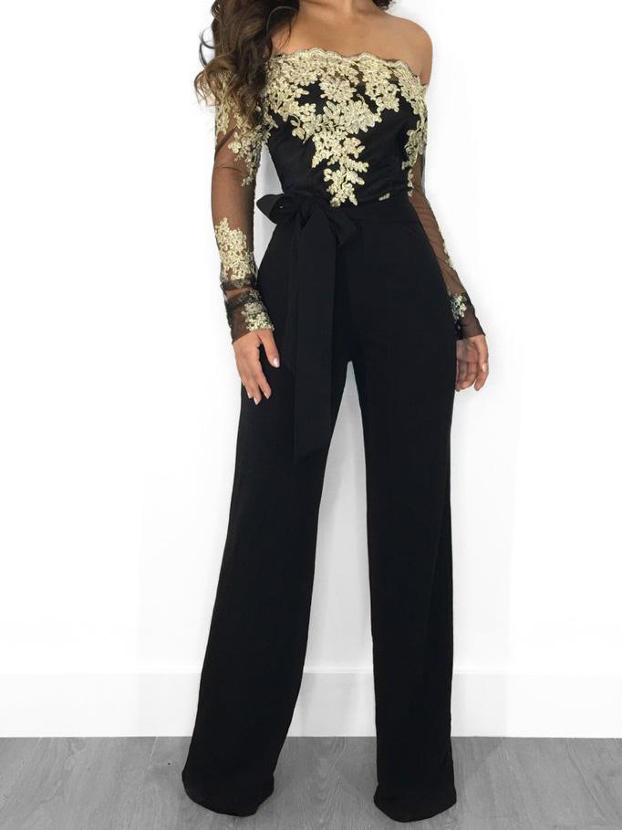 Lace Boat Neck Long Sleeve Wide Leg Jumpsuit