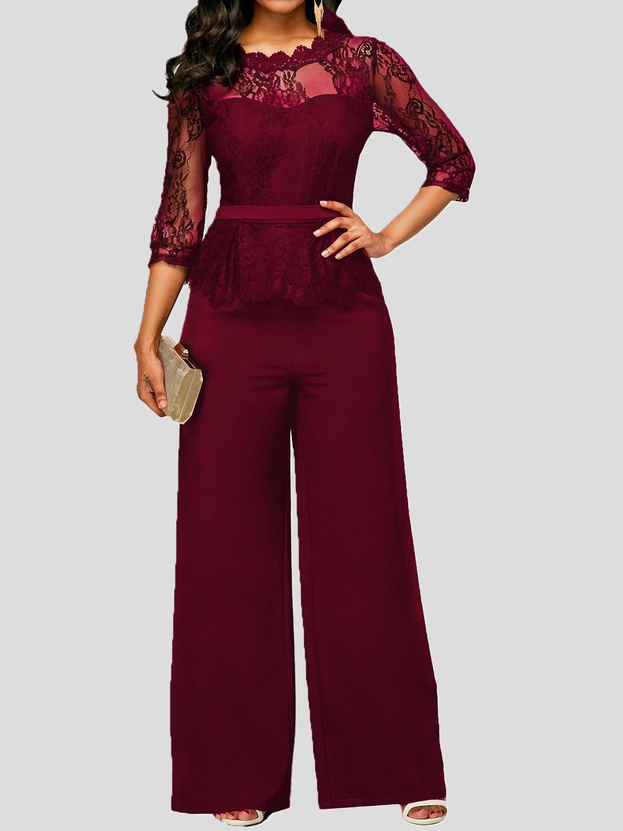 Lace Long Sleeve Wide-Leg Jumpsuit