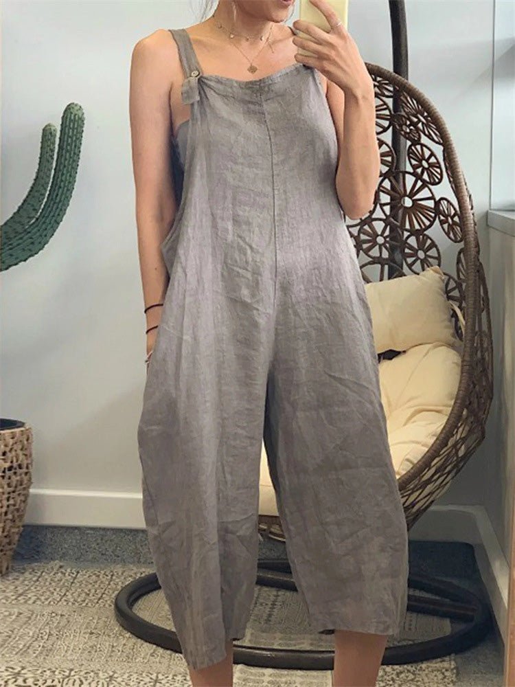 Loose Solid Cotton Linen Bib Jumpsuit