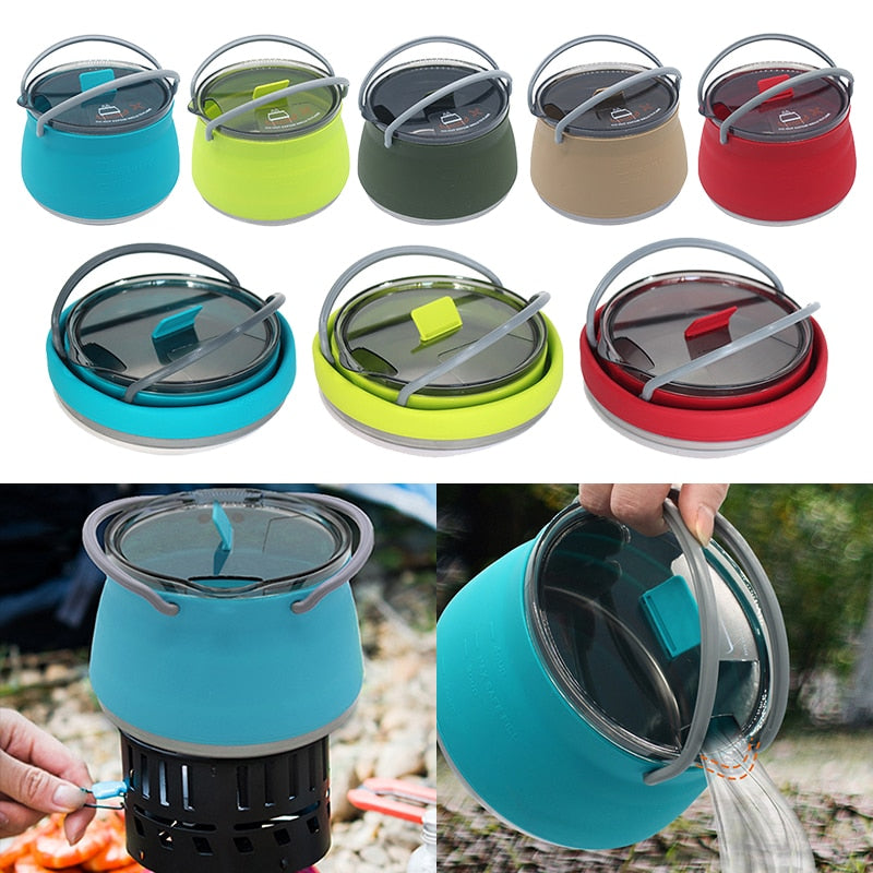 Multifunctional Portable Silicone Kettle Collapsible Stainless Steel Bottom for Outdoor Camping and Hiking