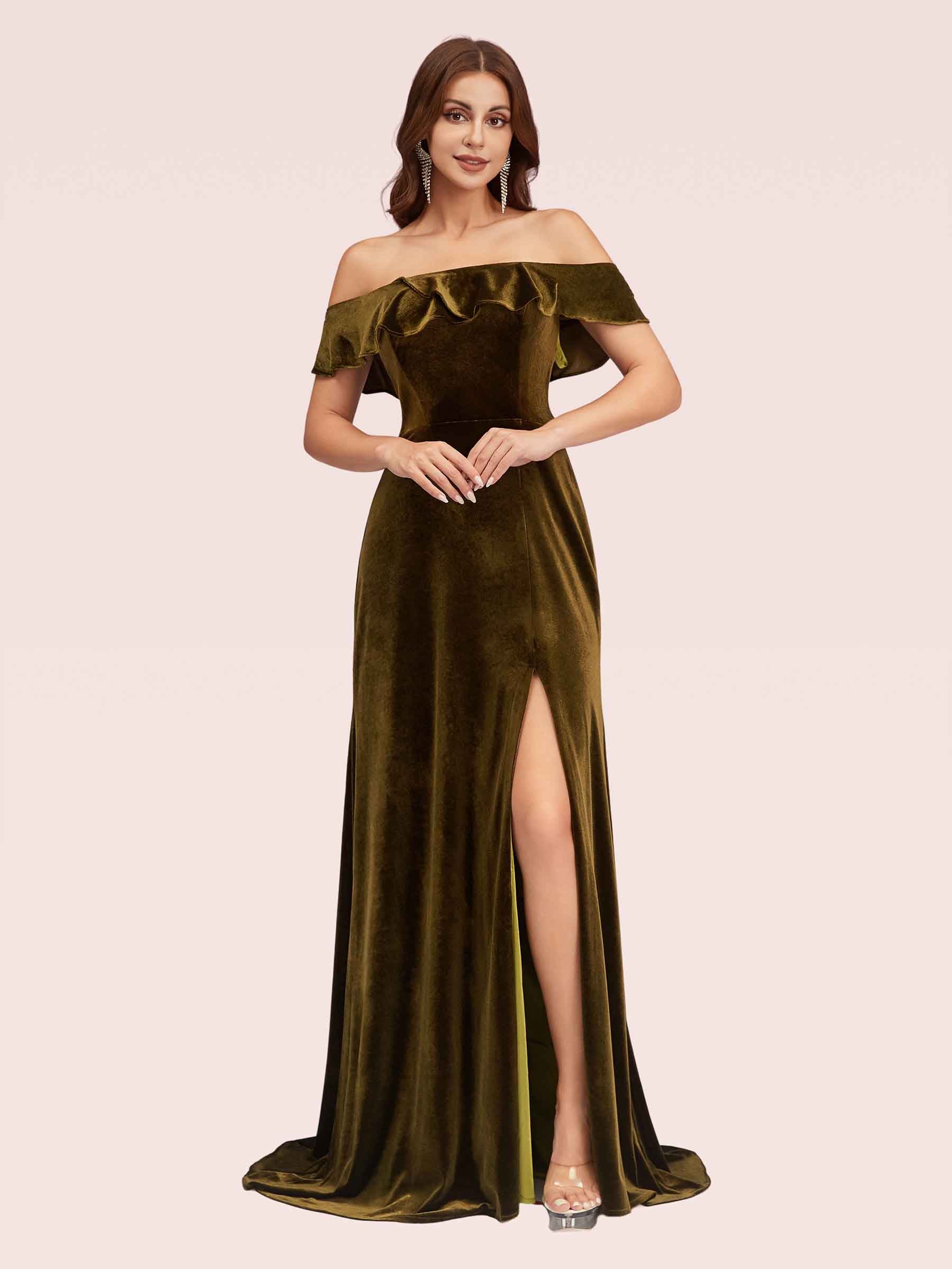 Elegant Off Shoulder Side Slit Long Velvet Bridesmaid Dresses Online Cetims 3251