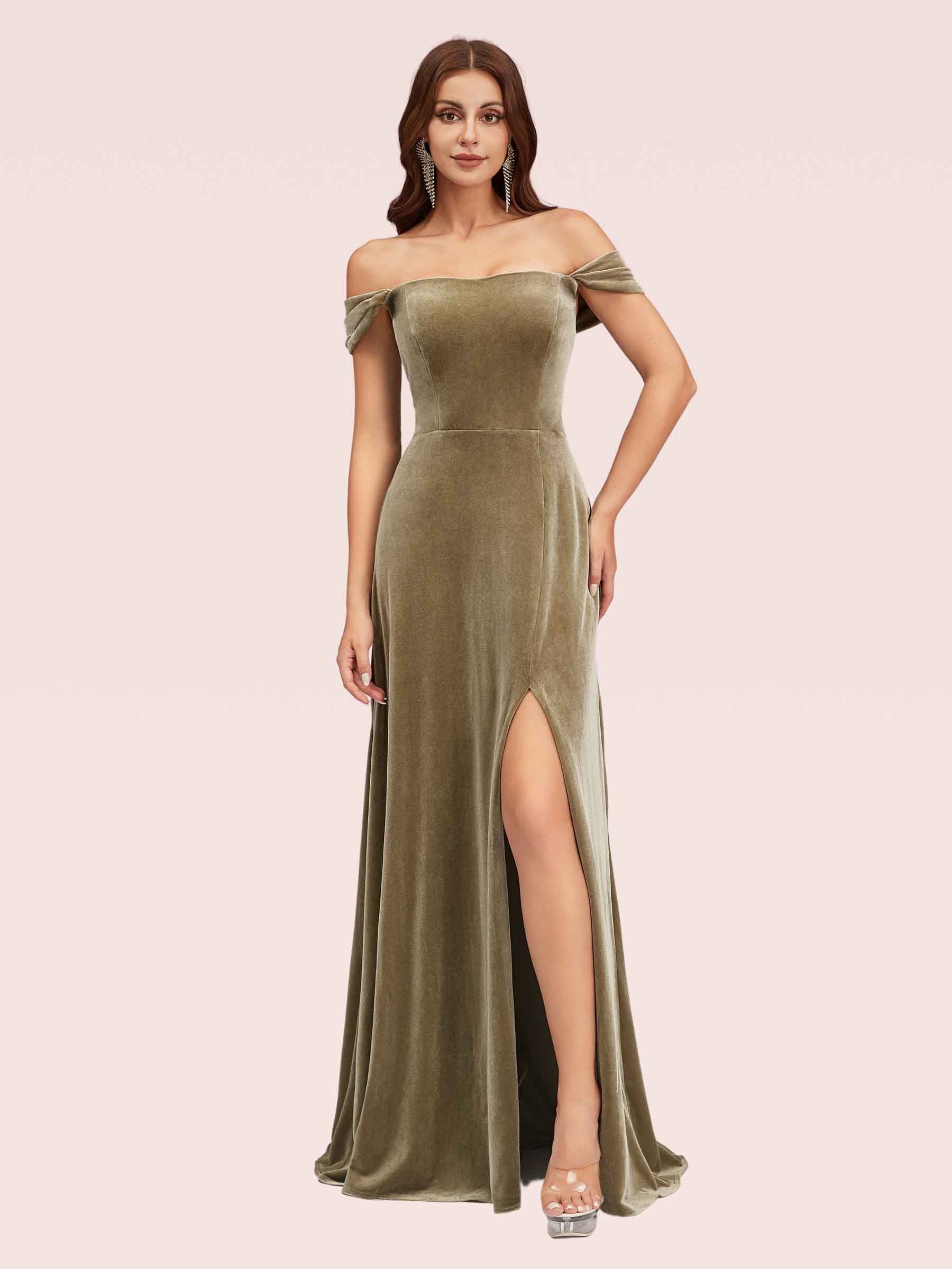 Sexy Mermaid Off Shoulder Long Side Slit Velvet Bridesmaid Dresses Online Cetims 1305