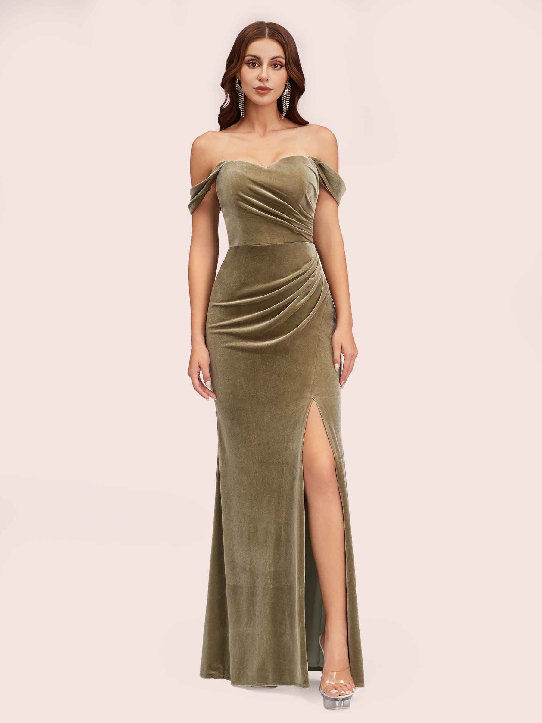 Sexy Velvet Off Shoulder Side Slit Mermaid Long Bridesmaid Dresses ...