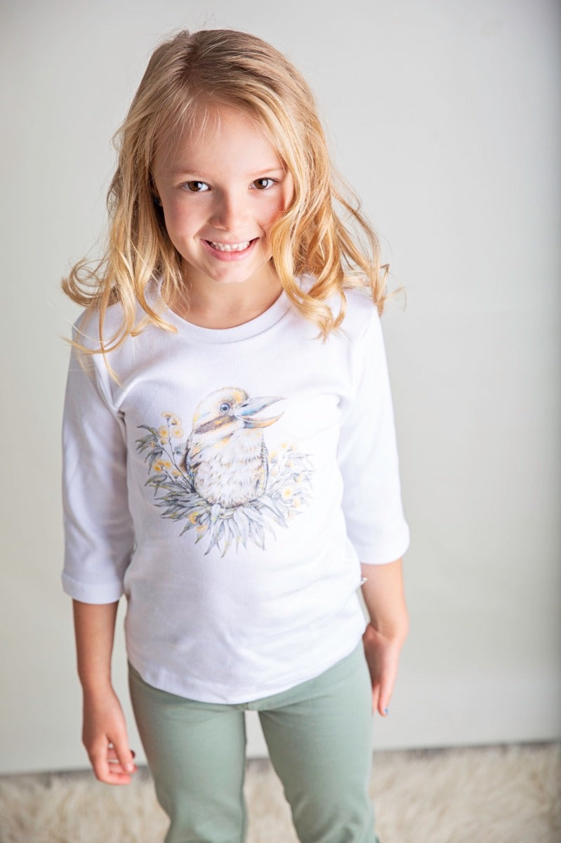 Kookaburra Tee, 3/4 Sleeve , organic fashion tshirt for children, Australian made, Dusty Road Apparel