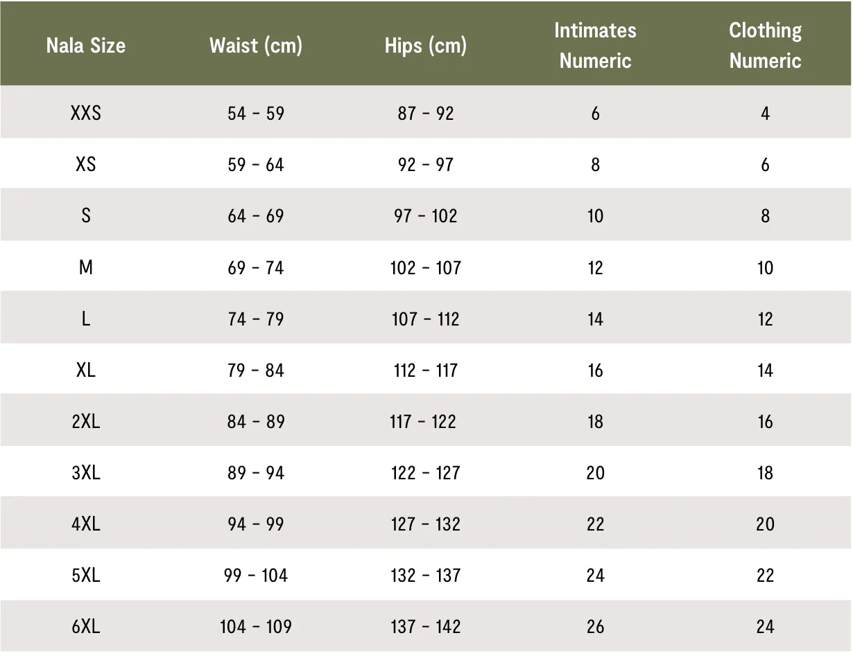 Nala Sizing Chart Underwear and Bodysuits