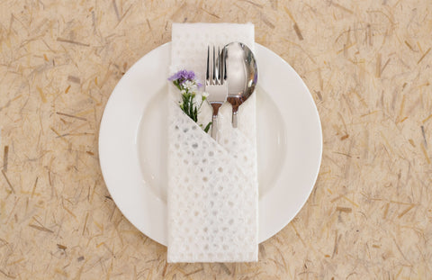 Rice Straw Kozo Paper as placemat with Handmade Lace Paper as cutlery wrapping