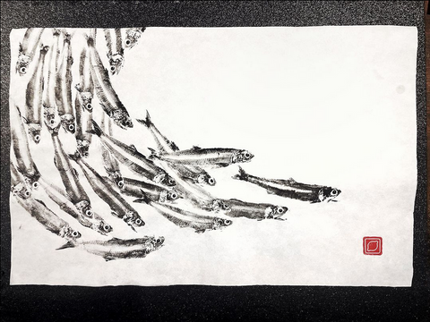 school of Thai anchovy. Edible sumi ink on Thai mulberry paper.
