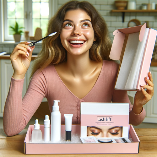 A young woman with a joyful expression is sitting at a table, unboxing a new lash lift kit