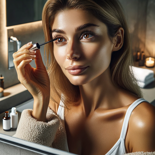 A woman is performing a lash lift aftercare routine in front of a mirror 