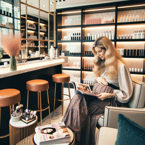 A pregnant woman browsing through a fashion magazine in a beauty salon