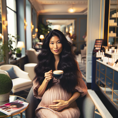 A pregnant is enjoying a coffee break in a beauty salon