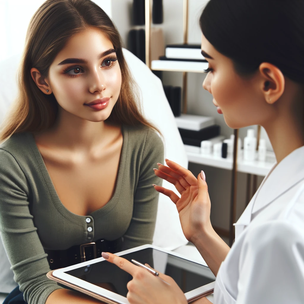 A young woman consulting with her lash lift technician