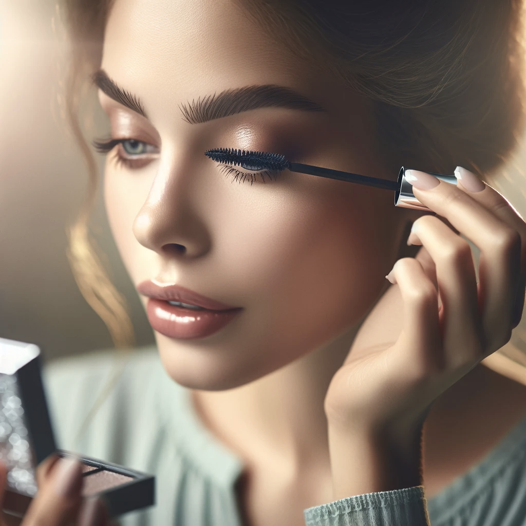 a young woman applying mascara