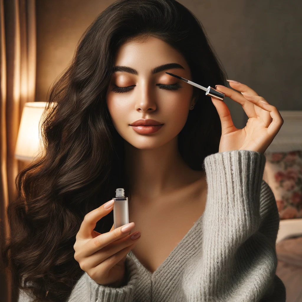 a young woman applying lash serum to her tinted lashes