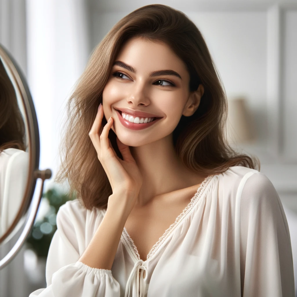 a young woman admiring her reflection in the mirror