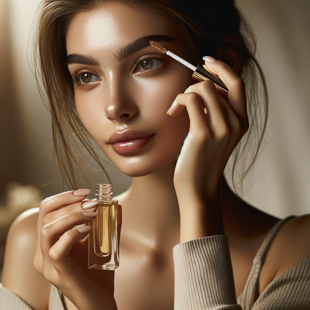 a young woman applying nourishing brow serum to her eyebrows