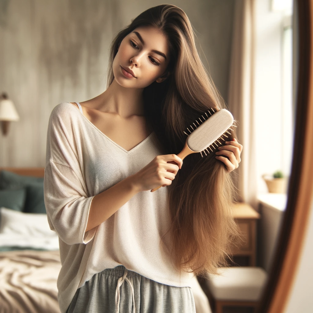 a young woman brushing her hair