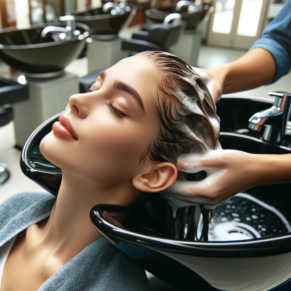 a young woman having her hair washed at the beauty salon