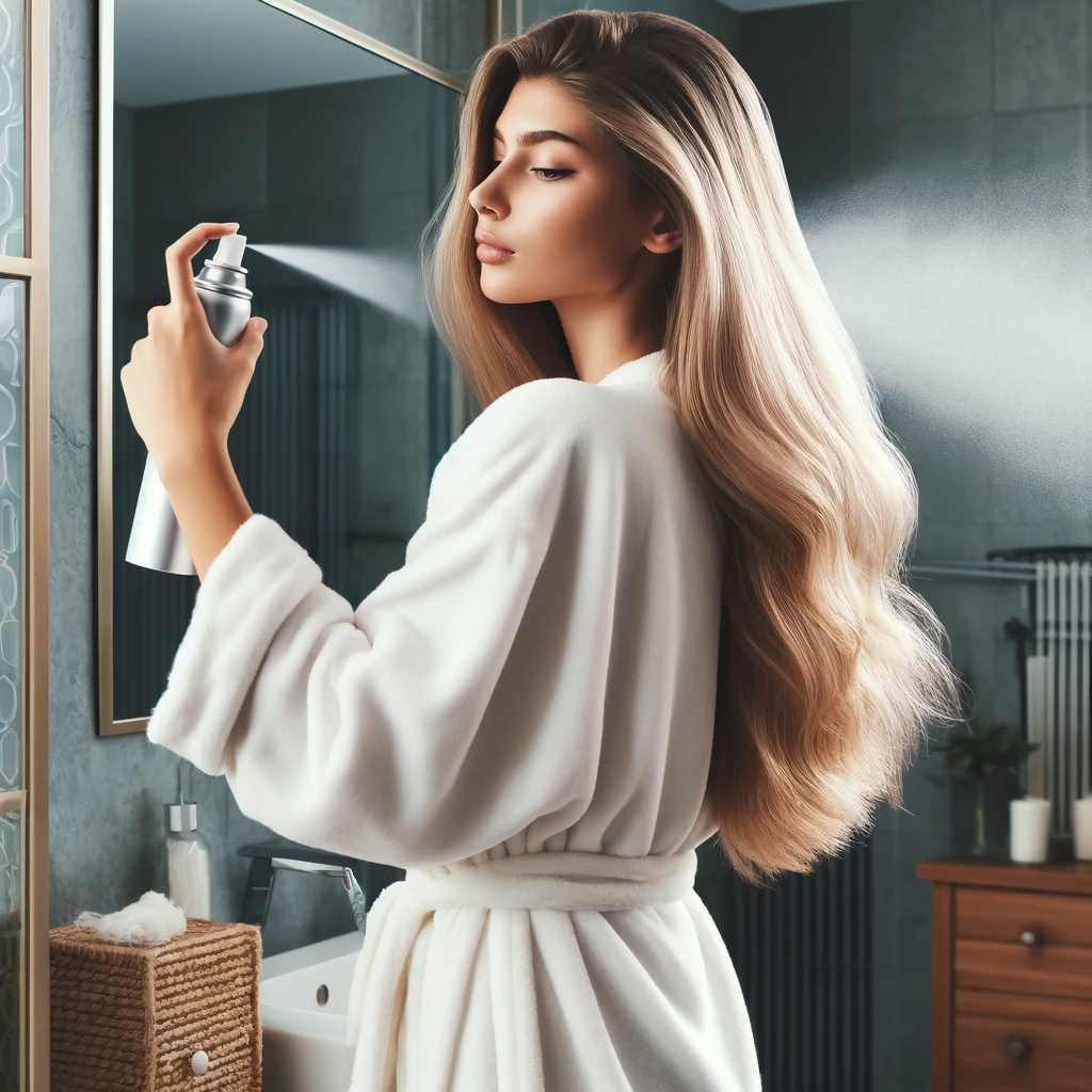 a young woman spraying a dry shampoo on her hair