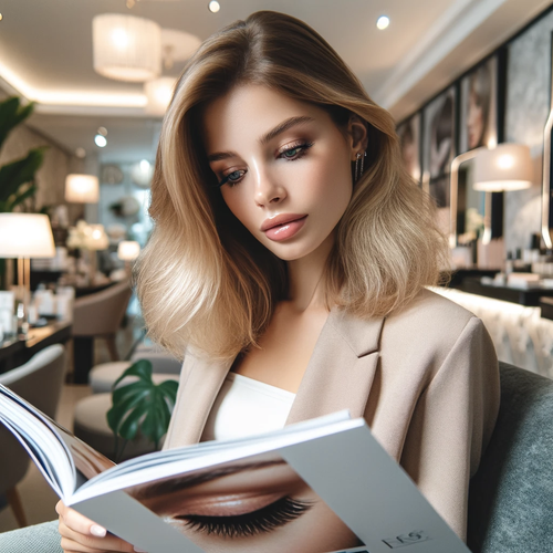 a young woman looking through a fashion magazine while waiting for her lash lift appointment
