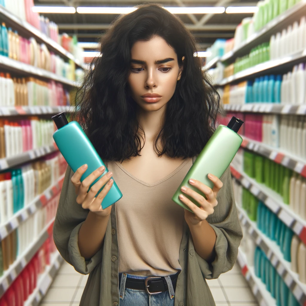 a young woman choosing between two shampoos