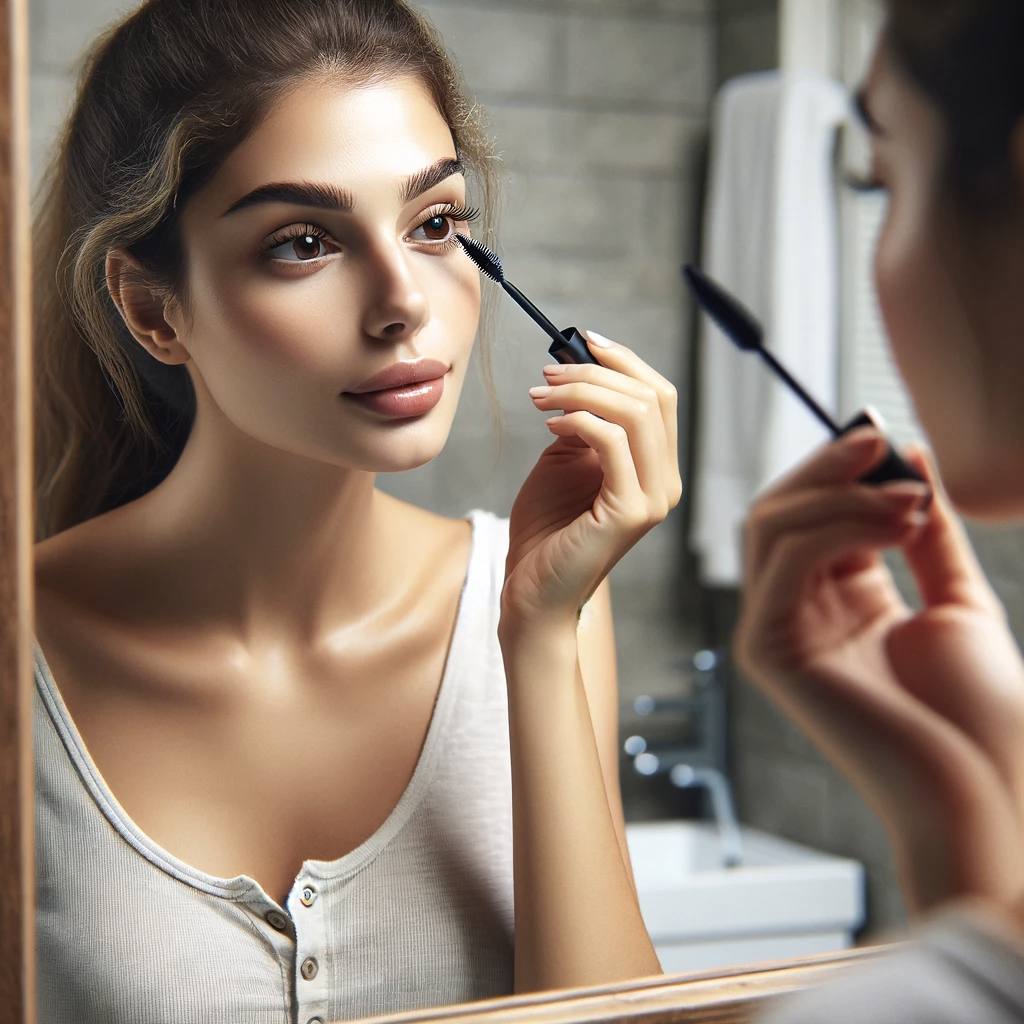 young woman brushing her lashes with clean mascara wand