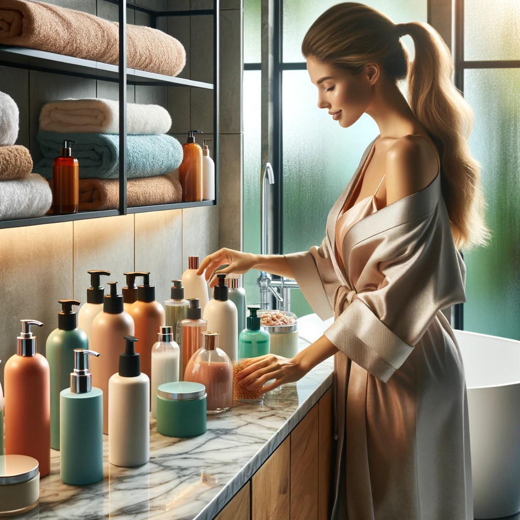 a young woman organizing her bathroom with hair care products