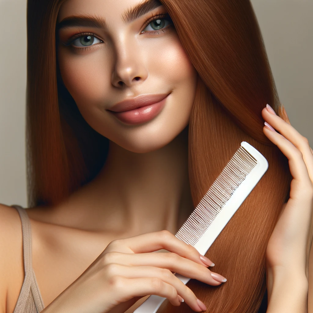 a young woman combing her conditioned hair