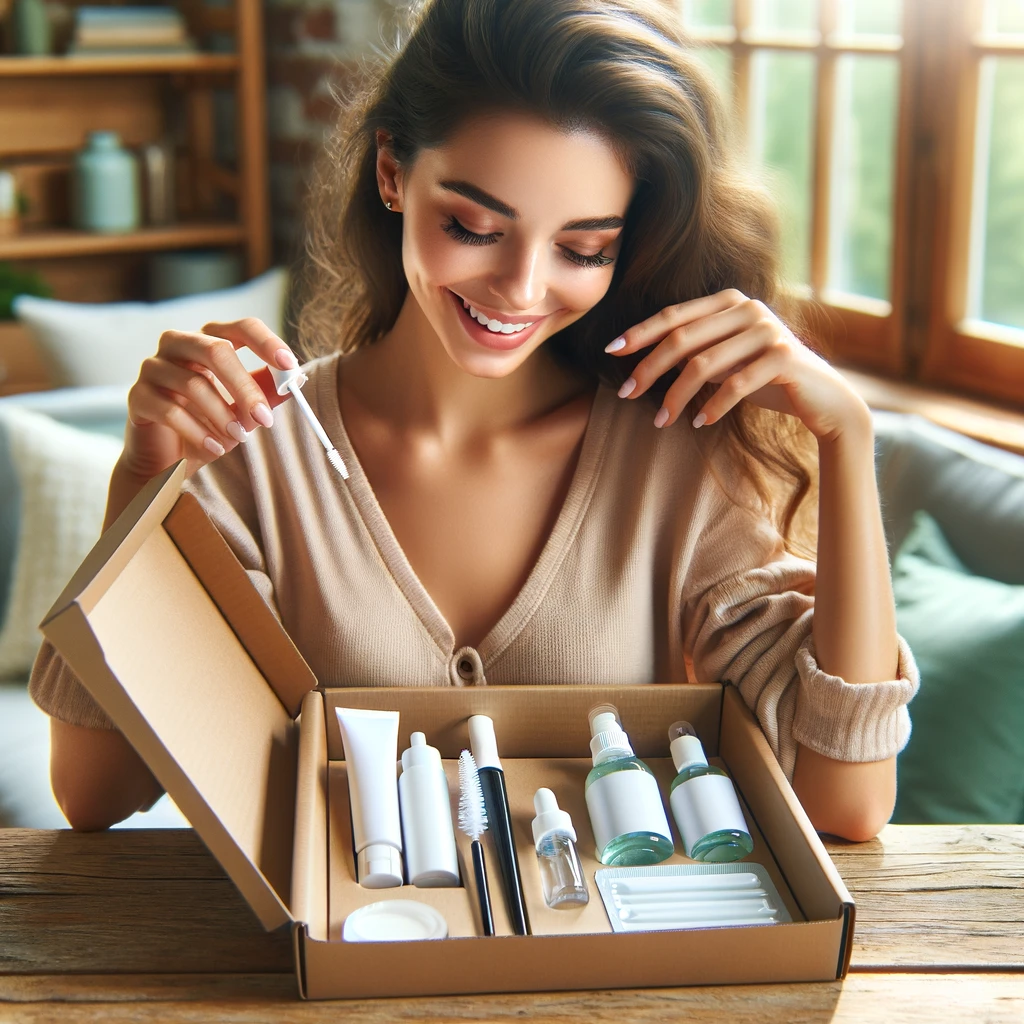 a young woman unboxing her lash lifting kit