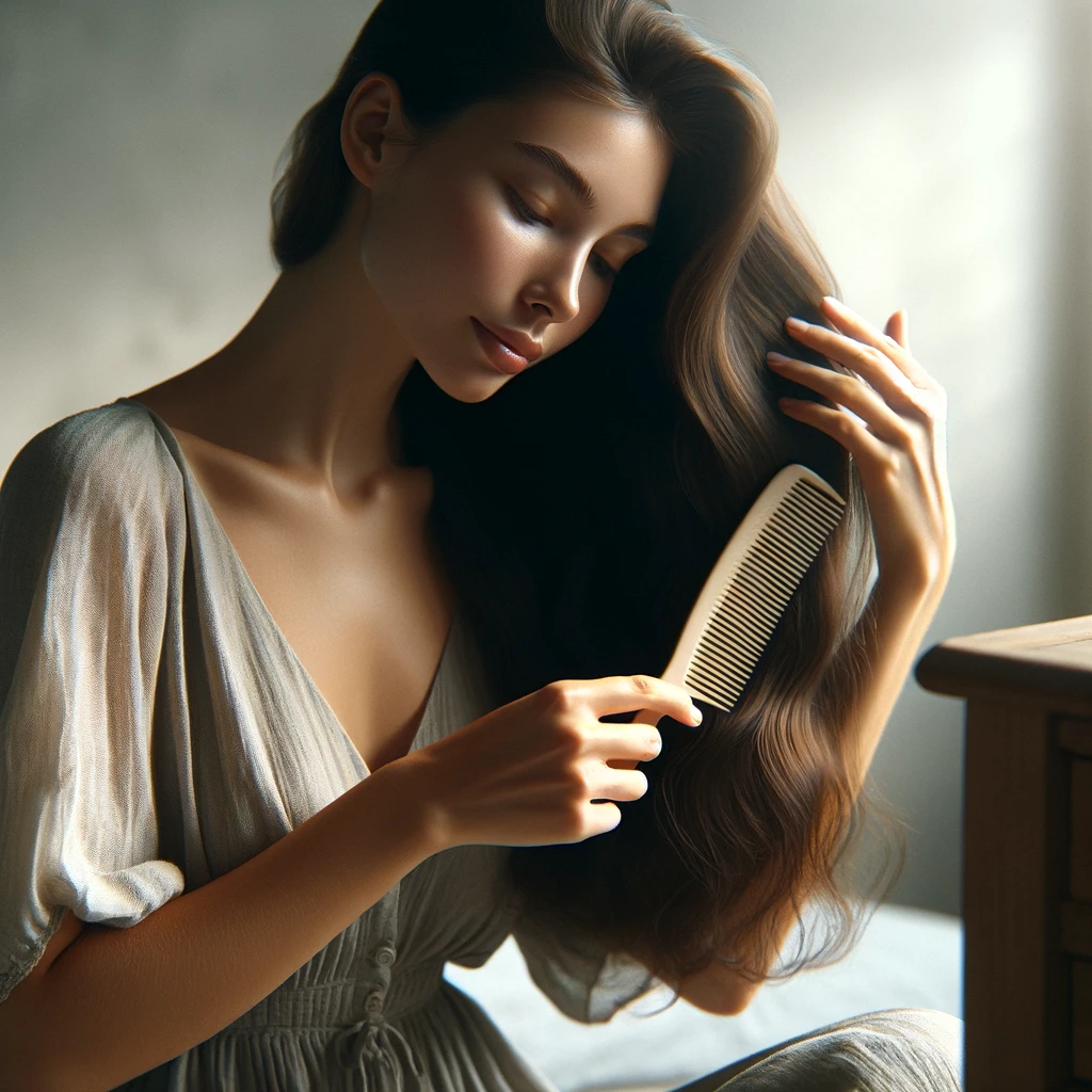 A young woman combing her conditioned hair