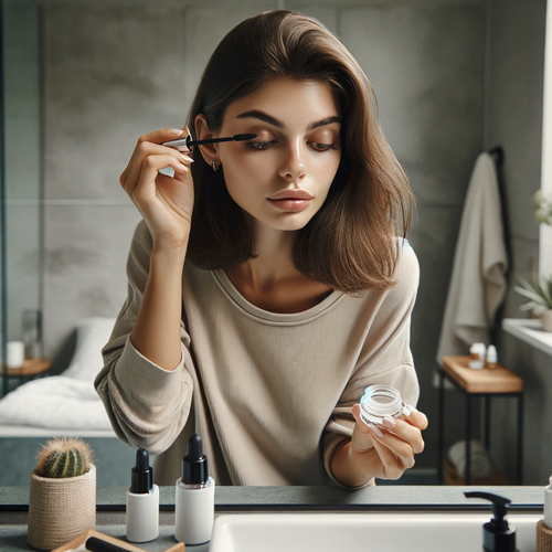 a young woman applying nourishing serum to her lashes