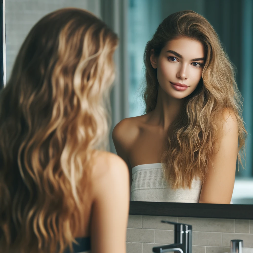 a young woman admiring her hair in the mirror