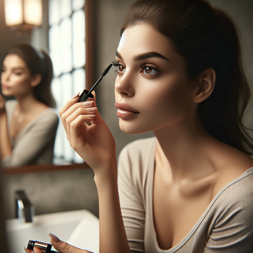 a young woman performing lash lift aftercare