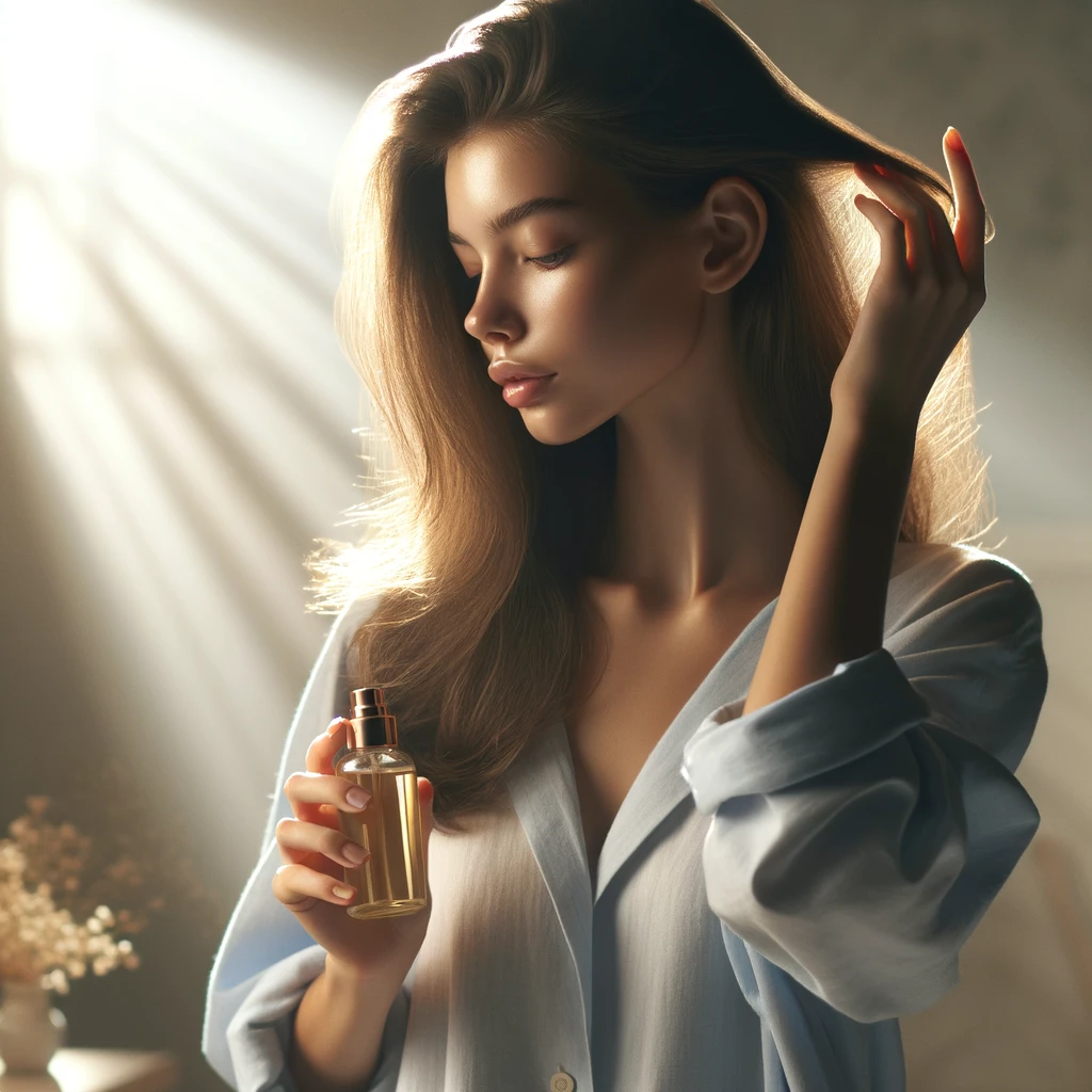 a young woman applying hair nourishing serum