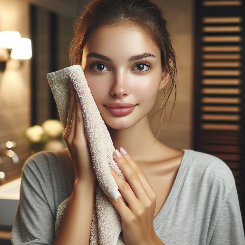 a young woman drying her face with a towel