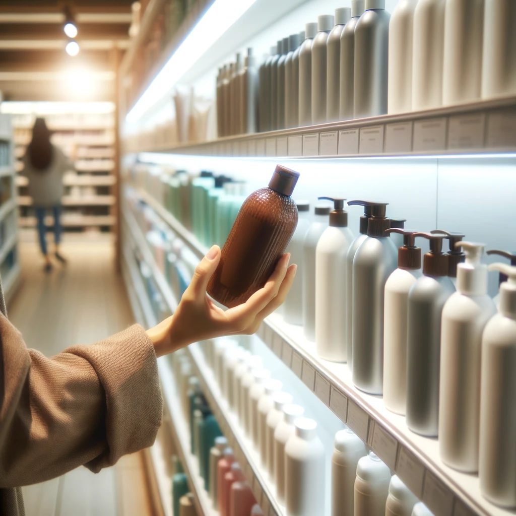 a young woman shopping for hair conditioner