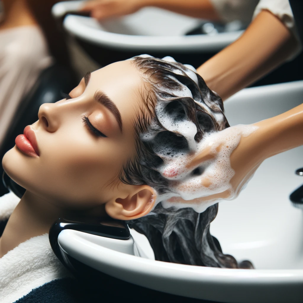 a young woman having her hair washed at a salon
