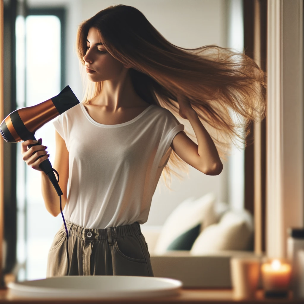 a young woman blow drying her hair