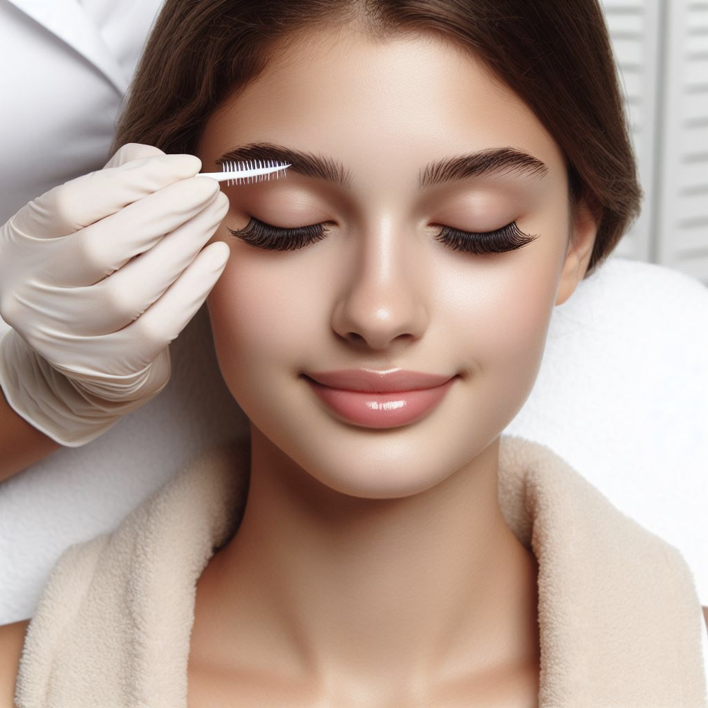 a young woman almost finished lifting her lashes