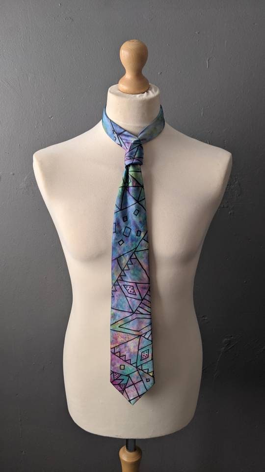 80s Wide Silk Tie by Elaine Rippon, Handpainted Geometric Art Kipper N ...
