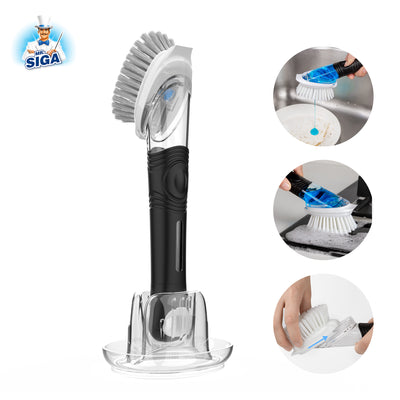 Smart Design Palm Brush & Stand - Contoured Non-Slip Grip - No-Leak Valve - Long Lasting Bristles - Odor Resistant - Dishwasher Safe - Cleaning Pots