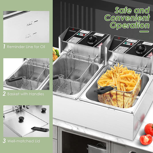 TANGME Commercial Deep Fryer, 3400w Electric Turkey Fryer with 3-Baskets,  22L/23.25Qt 1mm Thickened Stainless Steel Countertop Oil Fryer with