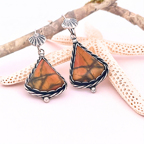 jasper and silver shells ocean themed earrings- pure whimsy jewelry