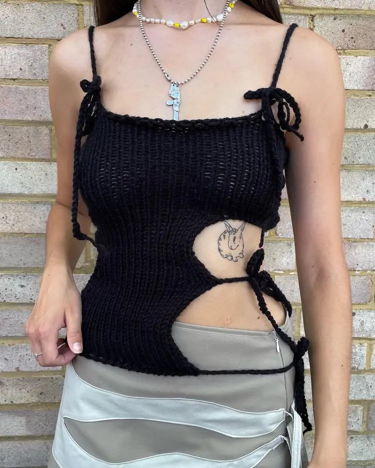 Y2K Vintage Black Knitted Crop Top Sexy Grunge Mini Vest