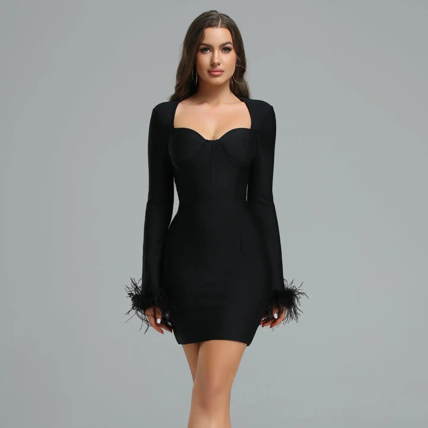Winter Women Long Sleeve Bodycon Mini Dress with Feathers