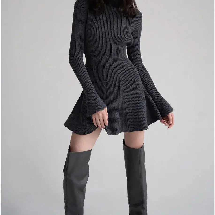 Stylish High Neck Long Sleeve Knit Dress for Women