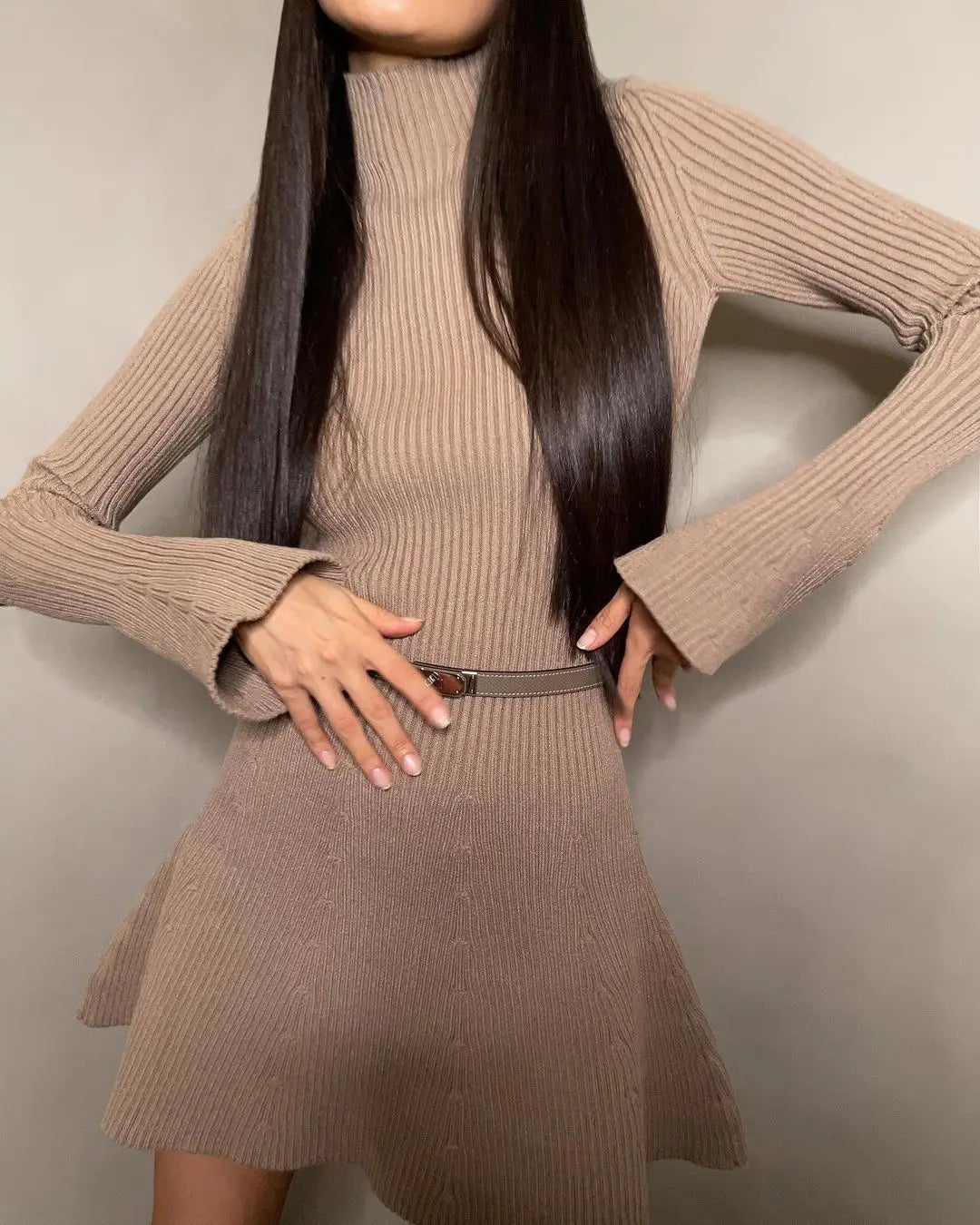 Stylish High Neck Long Sleeve Knit Dress for Women