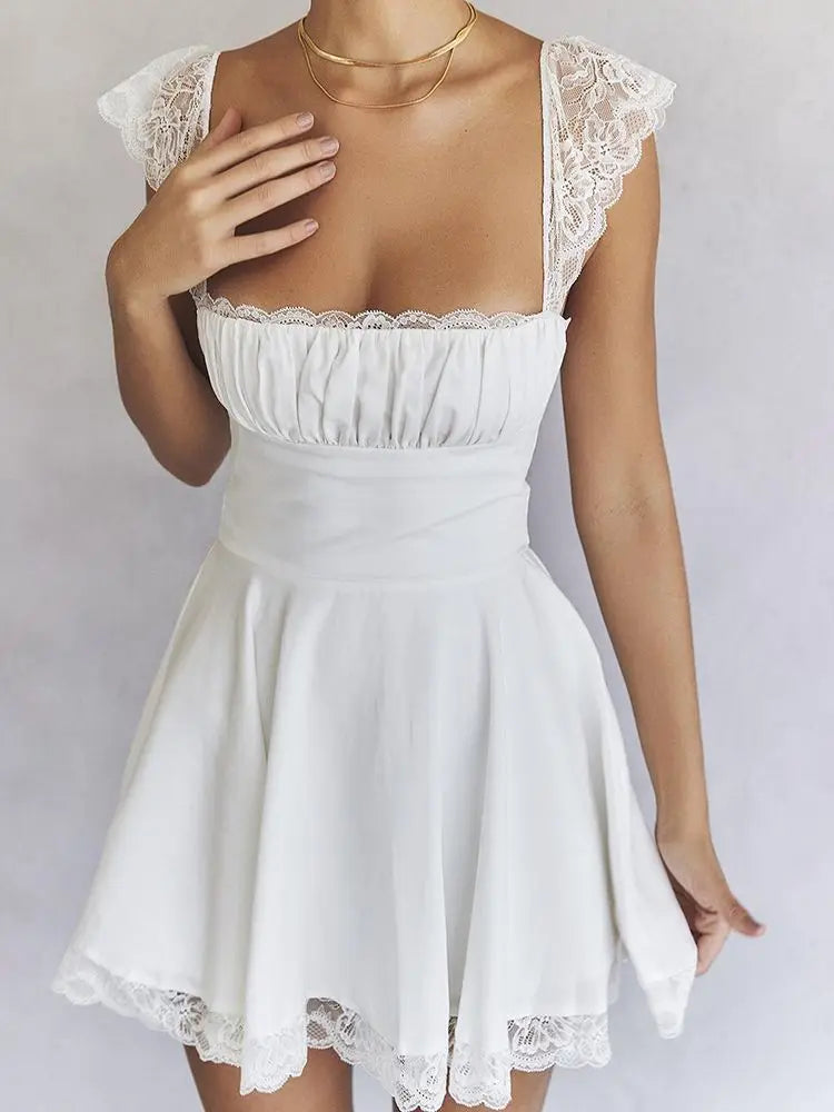 Summer Elegant White Lace Strap Mini Dress - Fashionable, Sexy, Backless