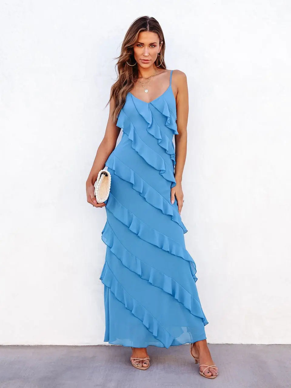 Summer Women's Sexy Long Slip Dress - Fashion Falbala Solid Color